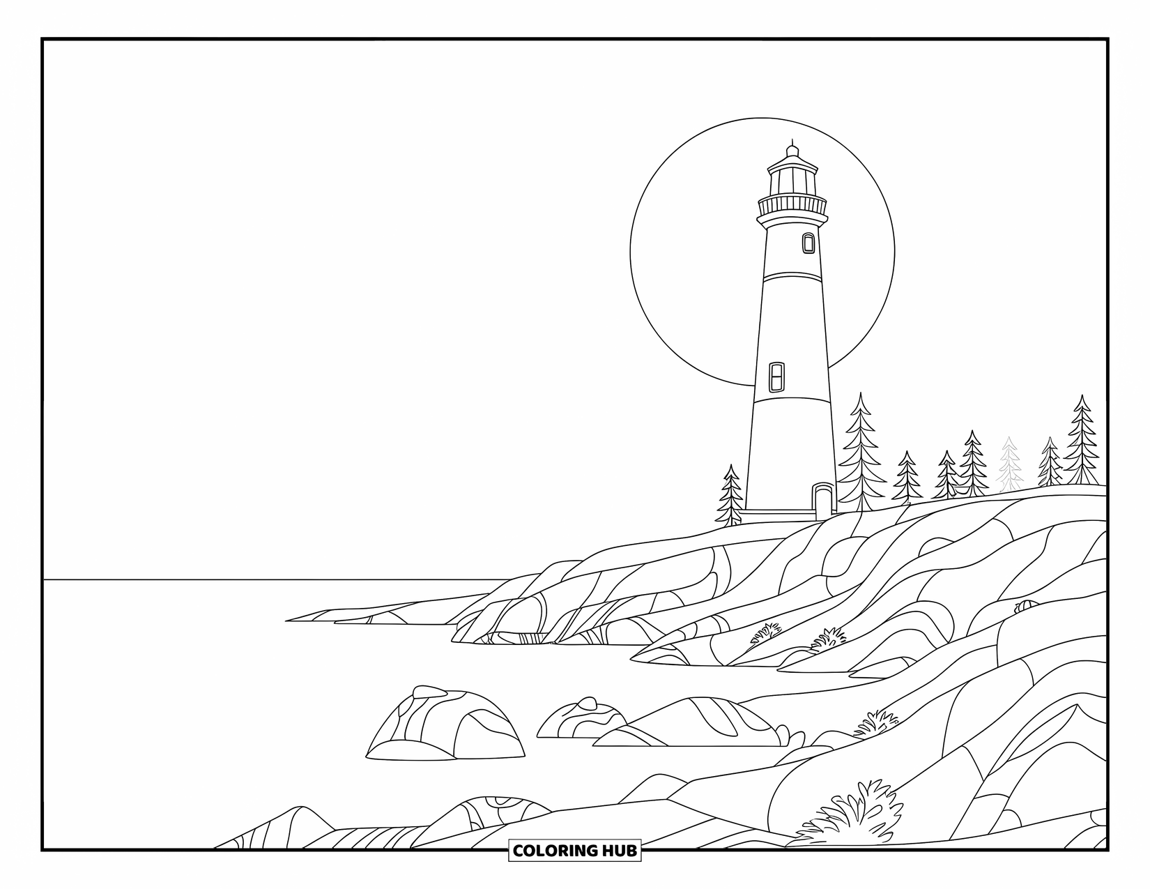 Lighthouse Coloring Page for Kids: The lighthouse stands tall against a massive full moon, illuminating the rocky coastline
