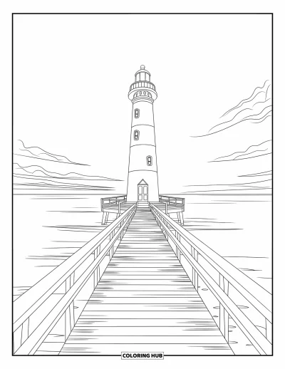 Coloriage de phare pour enfants : La tour rayée du phare se reflète sur l'eau tandis que le soleil se couche sur l'océan