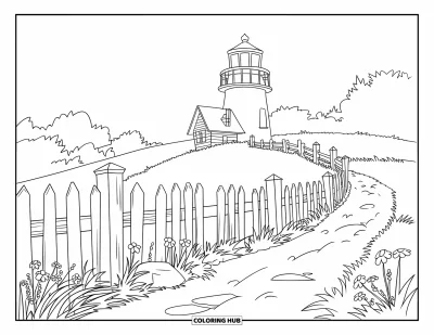 Coloriage de phare pour enfants : Des fleurs sauvages fleurissent près d'un phare sur une colline, avec une clôture blanche en piquets bordant le chemin