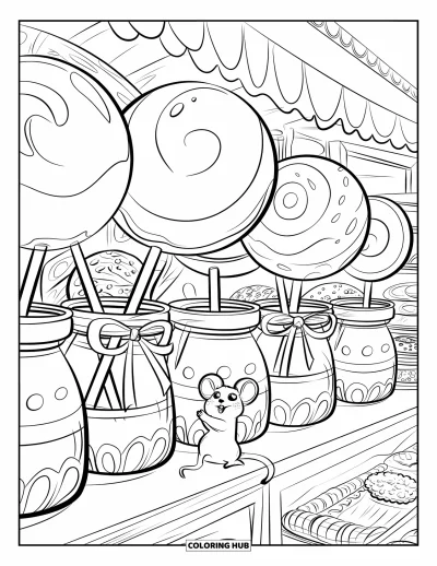 Desenho de Pirulito para Colorir para Adultos: Uma padaria cheia de pirulitos grandes, com um rato brincalhão tentando pegar um
