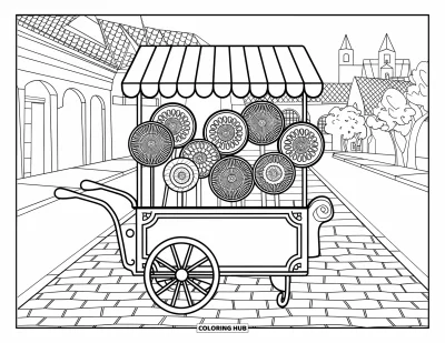 Desenho de Pirulito para Colorir para Adultos: Um carrinho de doces lindamente detalhado com pirulitos decorativos, sentado em uma rua tranquila