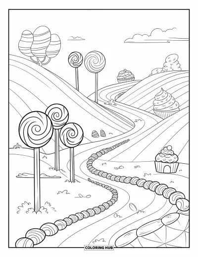Desenho de Pirulito para Colorir para Adultos: Uma paisagem com tema de doces com árvores de pirulito e um caminho sinuoso que leva a uma casa de cupcake