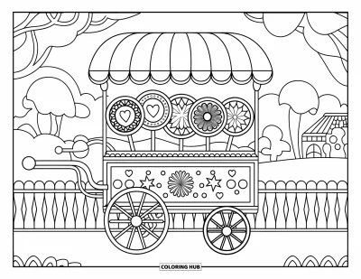 Desenho de Pirulito para Colorir para Adultos: Um carrinho de doces clássico com pirulitos estampados, situado contra uma paisagem serena