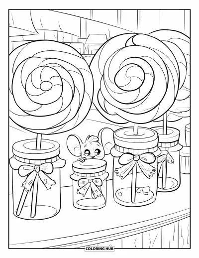 Desenho de Pirulito para Colorir para Adultos: Uma loja de doces aconchegante com um pequeno rato alcançando animadamente um pirulito