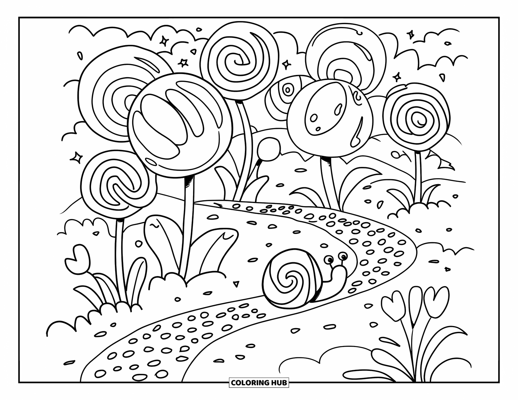 Lollipop Coloring Page for Adults: A cute snail exploring a whimsical garden filled with blooming lollipop flowers