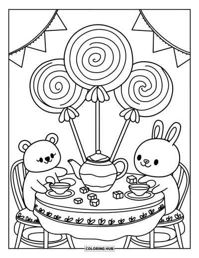 Desenho de Pirulito para Colorir para Adultos: Uma configuração de festa de chá fofa com centros de mesa de pirulito e uma atmosfera divertida