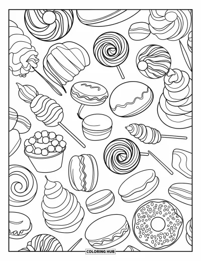 Desenho de Pirulito para Colorir para Adultos: Um padrão detalhado de doces sortidos, incluindo macarons, cupcakes e pirulitos em espiral