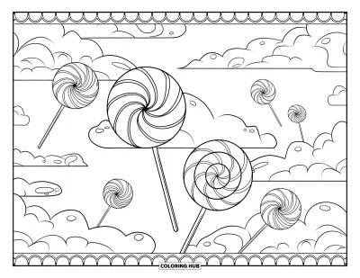 Desenho de Pirulito para Colorir para Adultos: Uma paisagem de nuvens de doces sonhadora com detalhes em espiral e pirulitos flutuantes no céu