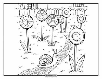 Desenho de Pirulito para Colorir para Adultos: Um jardim de pirulito sonhador com árvores em forma de doces e um pequeno caracol em um caminho doce