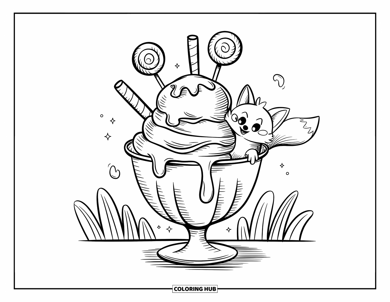 Lollipop Coloring Page for Adults: A giant ice cream sundae topped with lollipops, with a tiny fox reaching for it