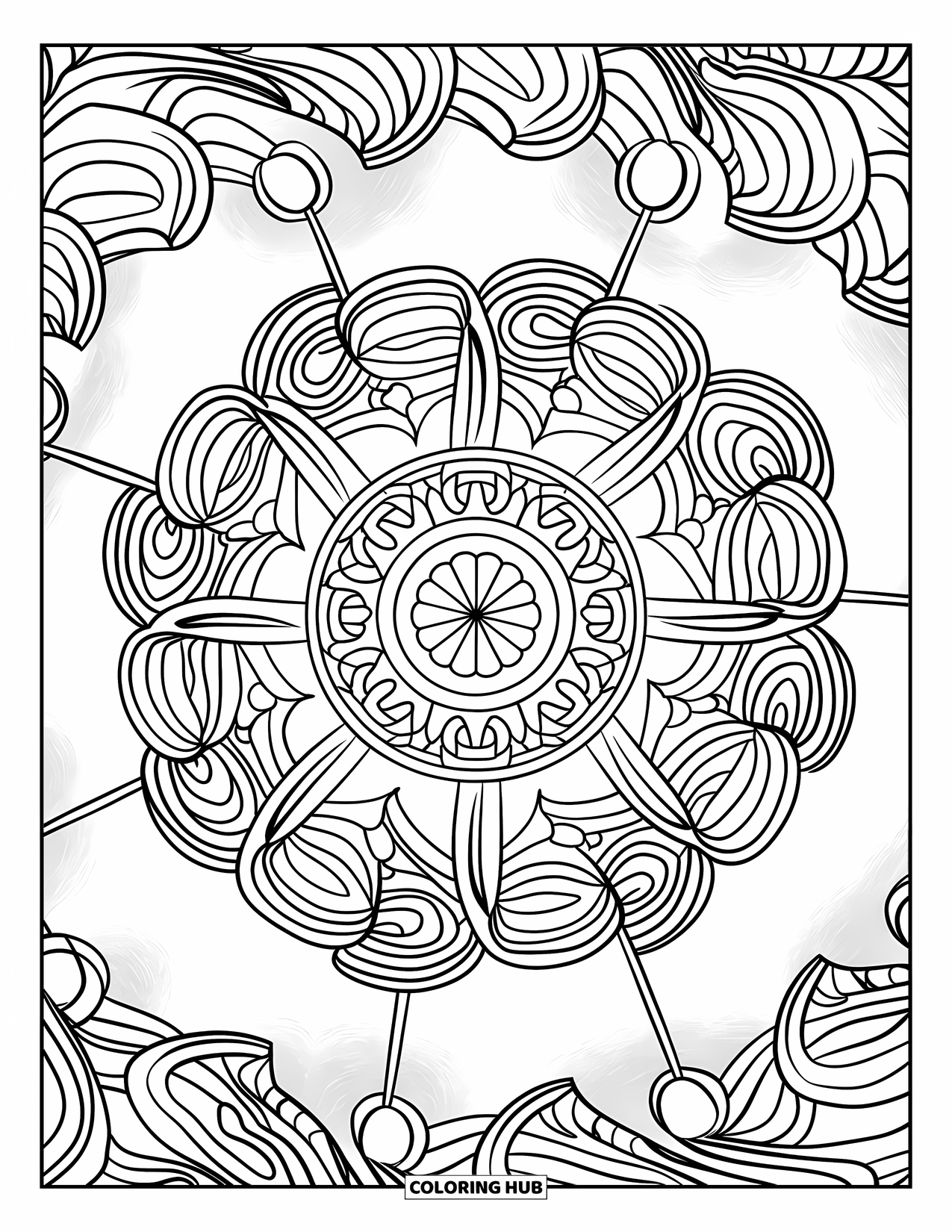 Lollipop Coloring Page for Adults: A highly detailed mandala featuring lollipops and elegant swirling patterns