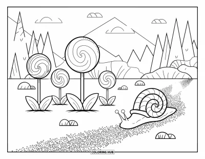 Desenho de Pirulito para Colorir para Adultos: Um jardim de pirulito com um pequeno caracol se movendo lentamente ao longo de um caminho coberto de doces