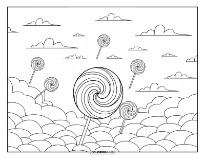 Desenho de Pirulito para Colorir para Adultos: Uma cena de nuvens de doces mágica com espirais intrincadas e pirulitos flutuantes