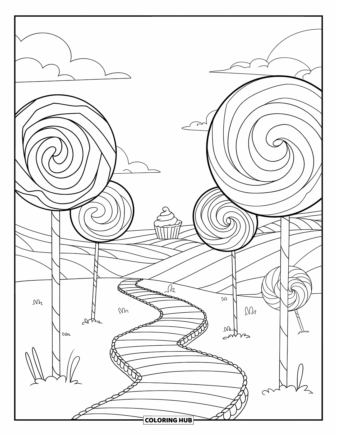 Lollipop Coloring Page for Adults: A magical candy world with lollipop trees, candy paths, and a tiny cupcake house