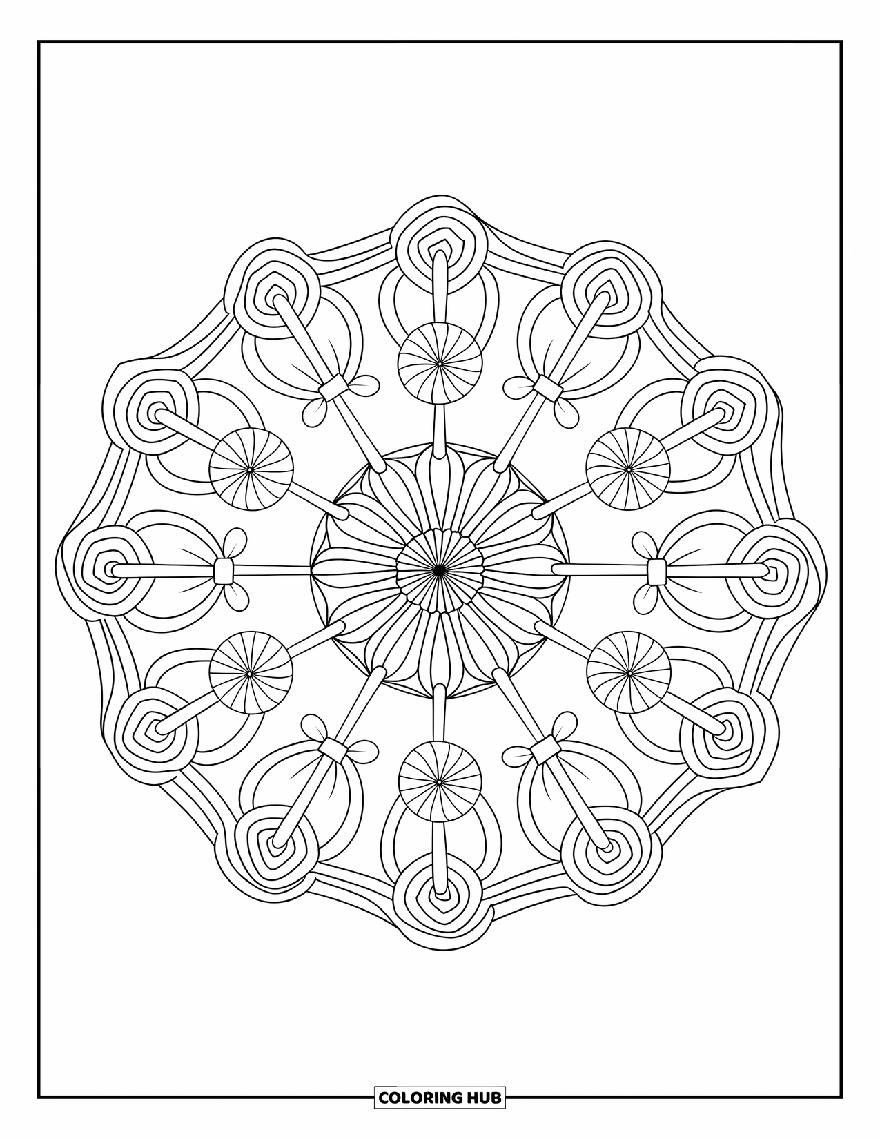 Lollipop Coloring Page for Adults: A mandala with lollipops seamlessly incorporated into its intricate patterns