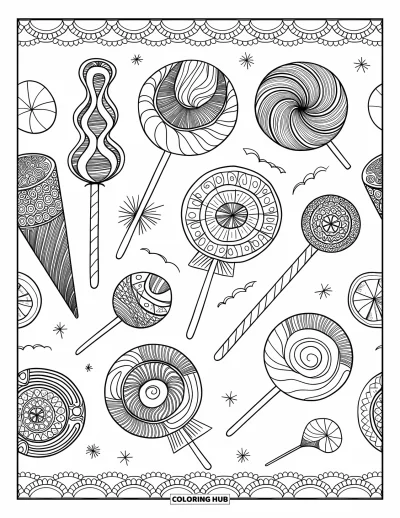 Desenho de Pirulito para Colorir para Adultos: Um padrão de pirulito hipnotizante com designs intrincados e uma borda decorativa