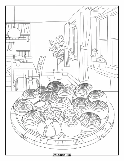 Desenho de Pirulito para Colorir para Adultos: Um mosaico de doces ambientado em uma cozinha aconchegante com elementos rústicos e detalhes quentes