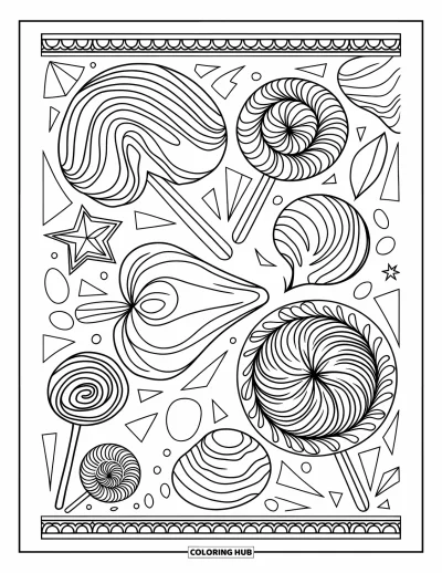 Desenho de Pirulito para Colorir para Adultos: Um padrão de pirulito relaxante cheio de detalhes artísticos e formas em espiral