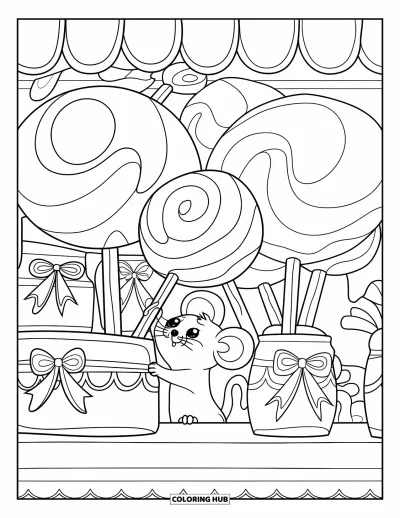 Desenho de Pirulito para Colorir para Adultos: Um pequeno rato espiando por cima do balcão, alcançando um pirulito em uma padaria