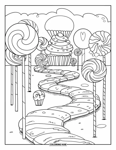 Desenho de Pirulito para Colorir para Adultos: Uma paisagem de sonho doce com um caminho de doces, árvores de pirulito e uma casa de cupcake