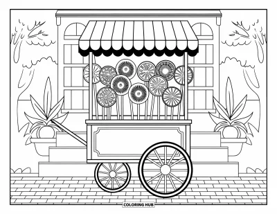 Desenho de Pirulito para Colorir para Adultos: Um carrinho de doces vintage cheio de pirulitos ornamentados, situado em um caminho de paralelepípedos