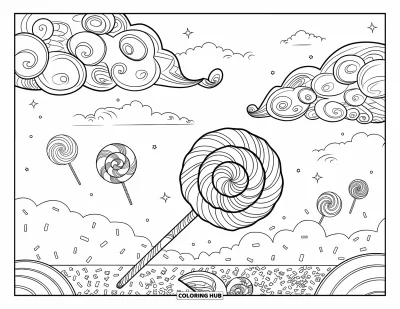 Desenho de Pirulito para Colorir para Adultos: Uma paisagem de nuvens de doces caprichosa com nuvens fofas, pirulitos em espiral e doces flutuantes
