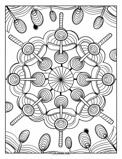Desenho de Pirulito para Colorir para Adultos: Uma mandala artística cheia de padrões de pirulito intrincados, criando um design relaxante