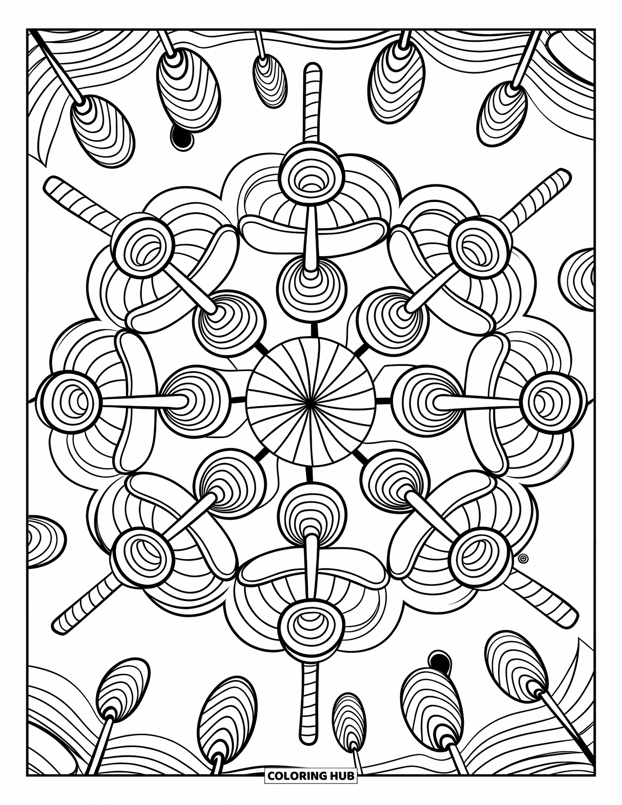 Lollipop Coloring Page for Adults: An artistic mandala filled with intricate lollipop patterns, creating a relaxing design