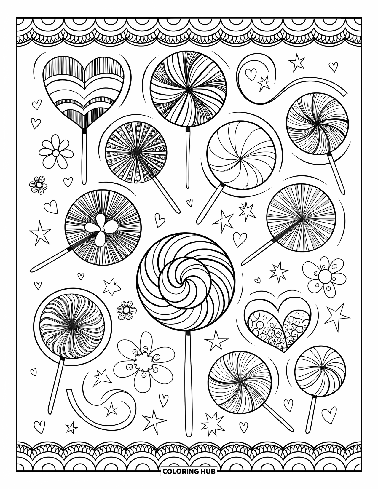 Lollipop Coloring Page for Adults: An elaborate zentangle candy pattern with interwoven lollipops and decorative elements