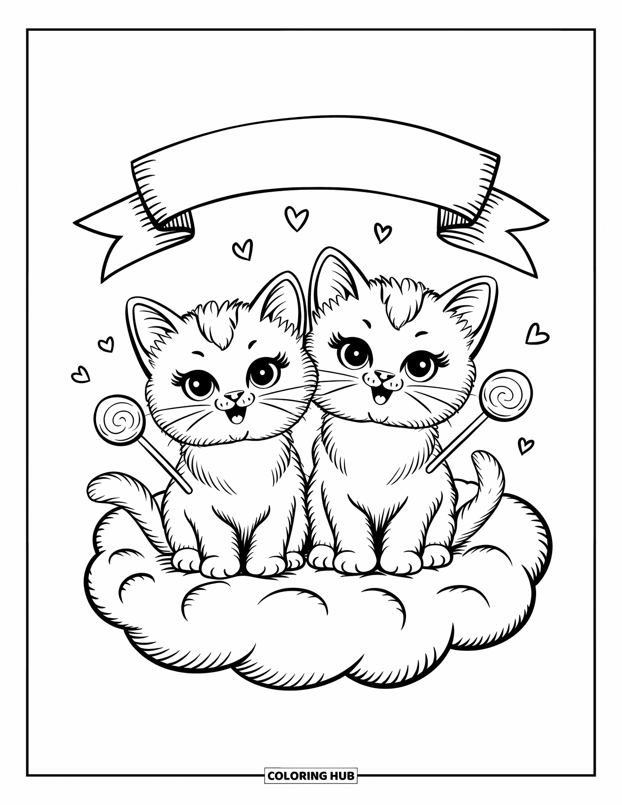 Lollipop Coloring Page for Adults: Two big-eyed kittens with lollipops, sitting on a soft cloud under a heart banner