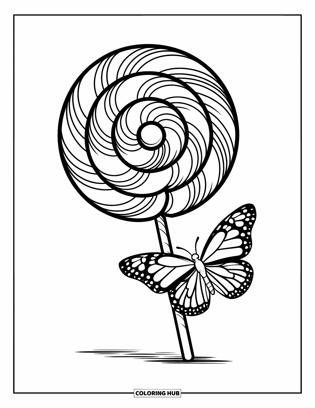 Lollipop Coloring Page for Kids: A beautifully swirled lollipop with a delicate butterfly resting on its wooden stick