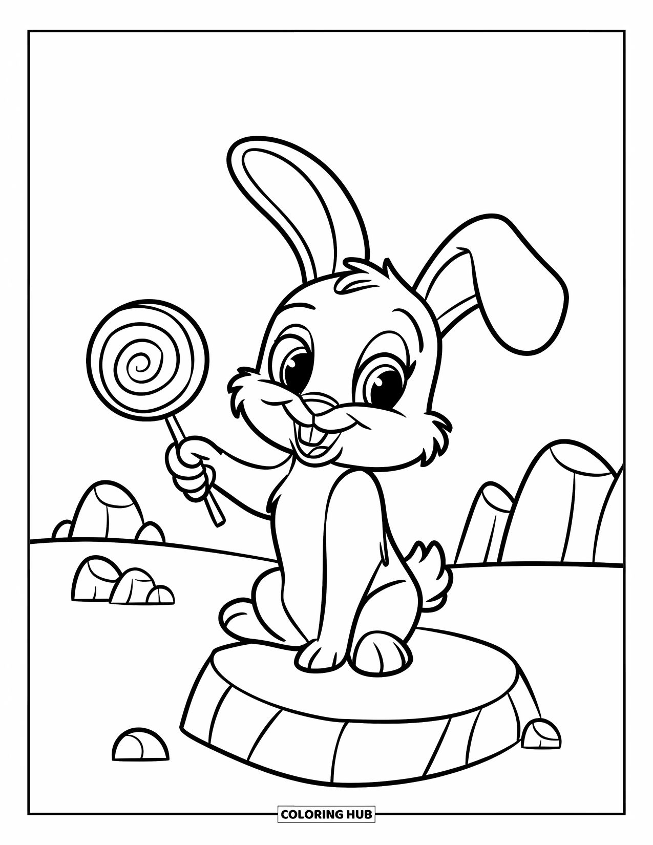 Lollipop Coloring Page for Kids: A bunny sitting on a rock, happily holding a lollipop in one paw