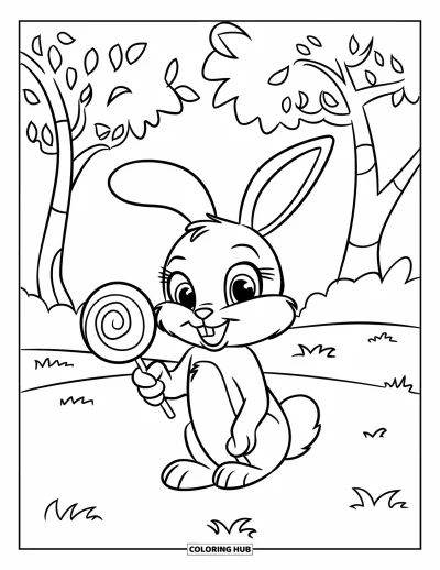 Desenho de pirulito para colorir para crianças: Um coelhinho sentado na grama segurando um pirulito, com árvores ao fundo