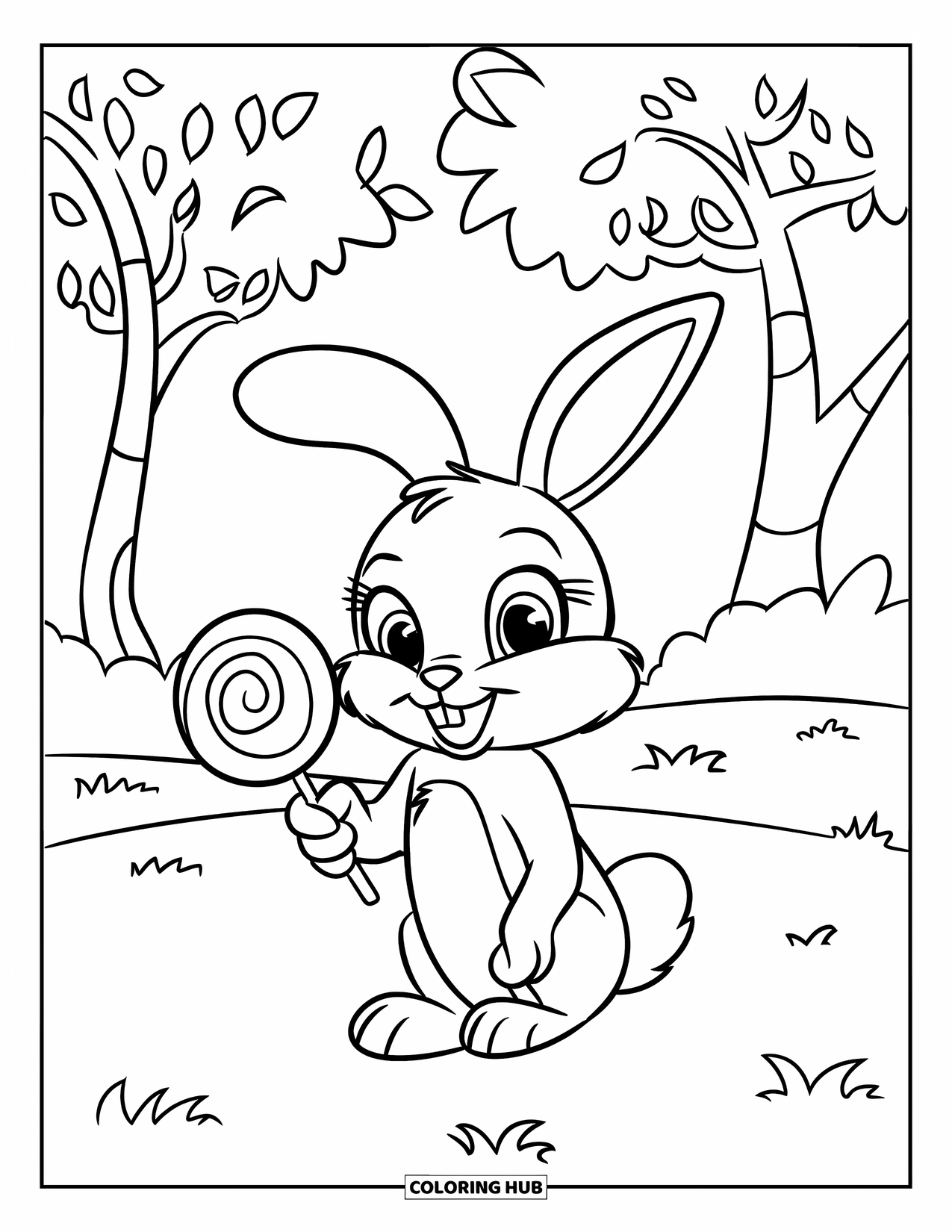 Lollipop Coloring Page for Kids: A bunny sitting on the grass, holding a lollipop, with trees in the background