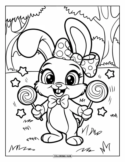 Desenho de pirulito para colorir para crianças: Um coelhinho com laço segurando dois pirulitos, em campo gramado com árvores ao fundo