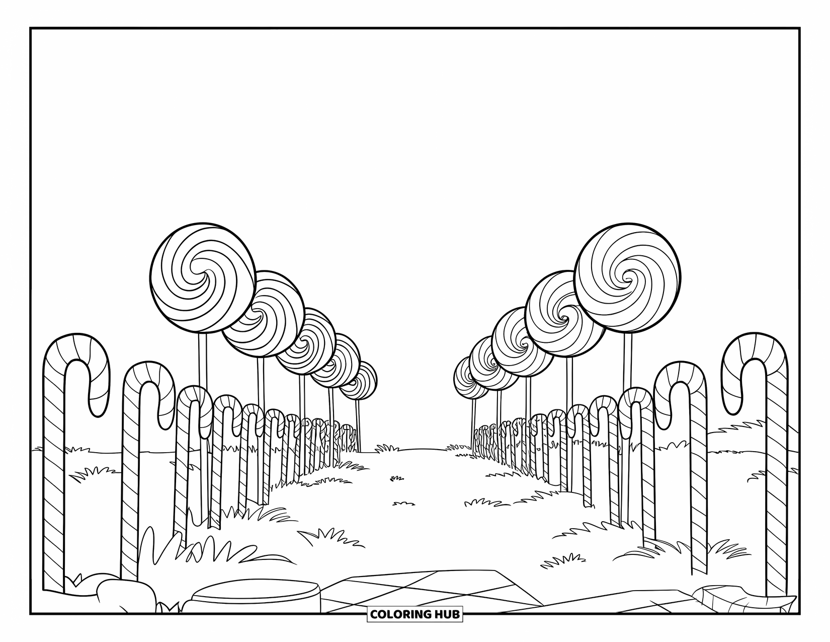 Lollipop Coloring Page for Kids: A candy garden with a row of lollipops and a candy cane fence on both sides