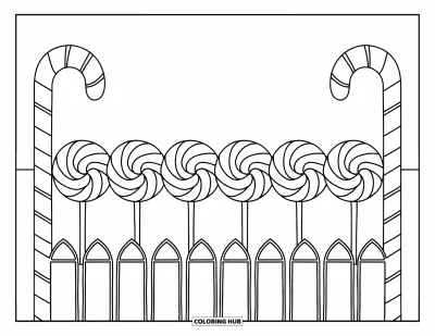 Desenho de Pirulito para Colorir para Crianças: Um jardim de doces com pirulitos coloridos enfileirados entre duas cercas de bengala doce