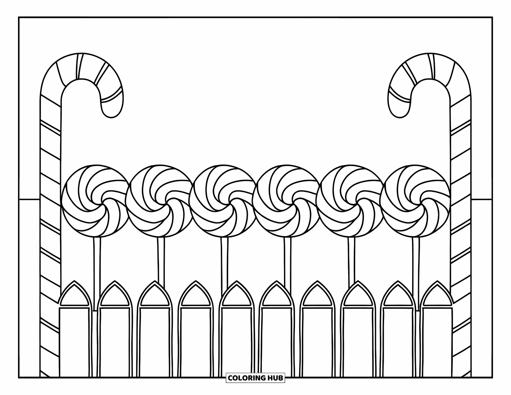 Lollipop Coloring Page for Kids: A candy garden with colorful lollipops lined up between two candy cane fences