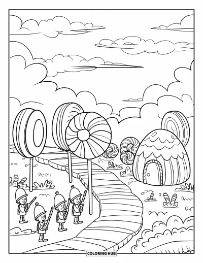 Desenho de Pirulito para Colorir para Crianças: Uma cena de terra de doces com soldados de bengala doce, uma casa de jujuba e árvores de pirulito