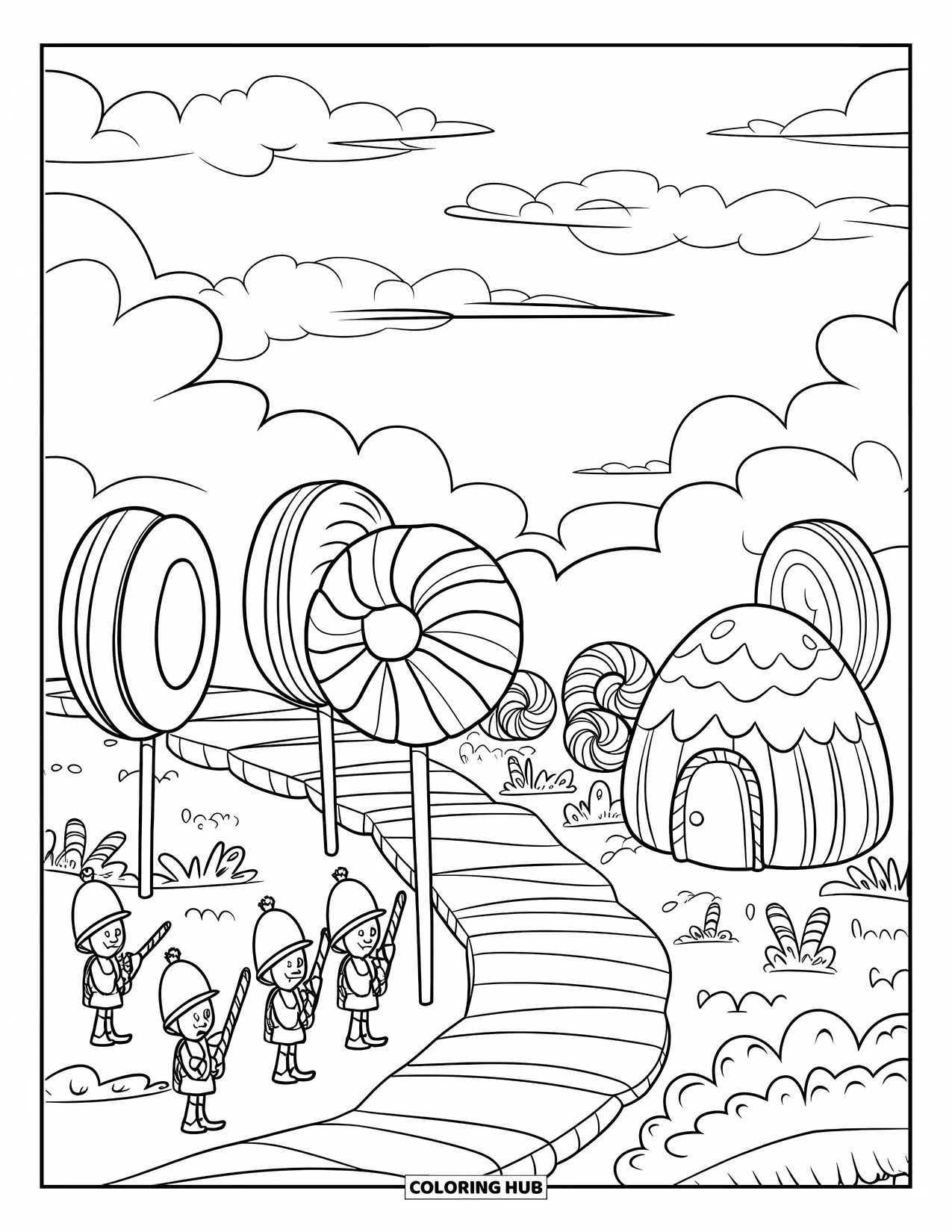 Lollipop Coloring Page for Kids: A candy land scene with candy cane soldiers, a gumdrop house, and lollipop trees