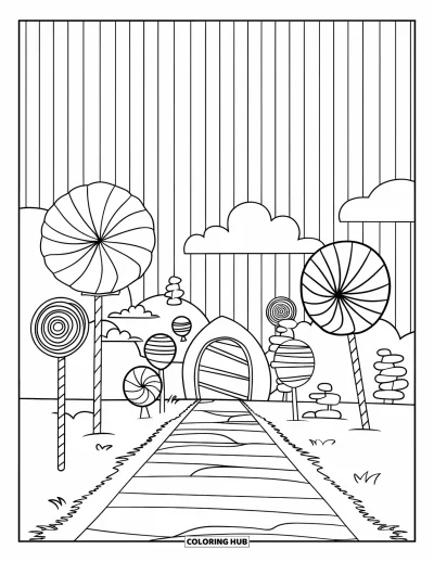 Desenho de Pirulito para Colorir para Crianças: Uma terra de doces com árvores de pirulito, um caminho de jujuba e um céu listrado de doces