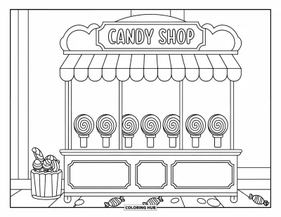 Desenho de Pirulito para Colorir para Crianças: Uma barraca de loja de doces exibindo pirulitos em potes, com uma placa que diz "Candy Shop"
