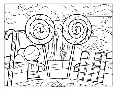 Desenho de Pirulito para Colorir para Crianças: Um mundo temático de doces com pirulitos imponentes, postes de bengala doce e uma máquina de chiclete