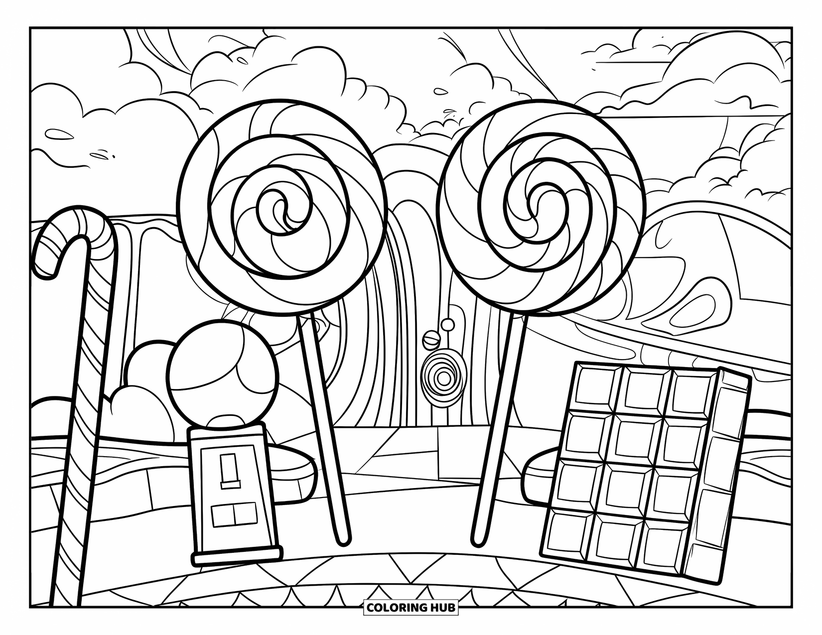 Lollipop Coloring Page for Kids: A candy-themed world with towering lollipops, candy cane poles, and a gumball machine