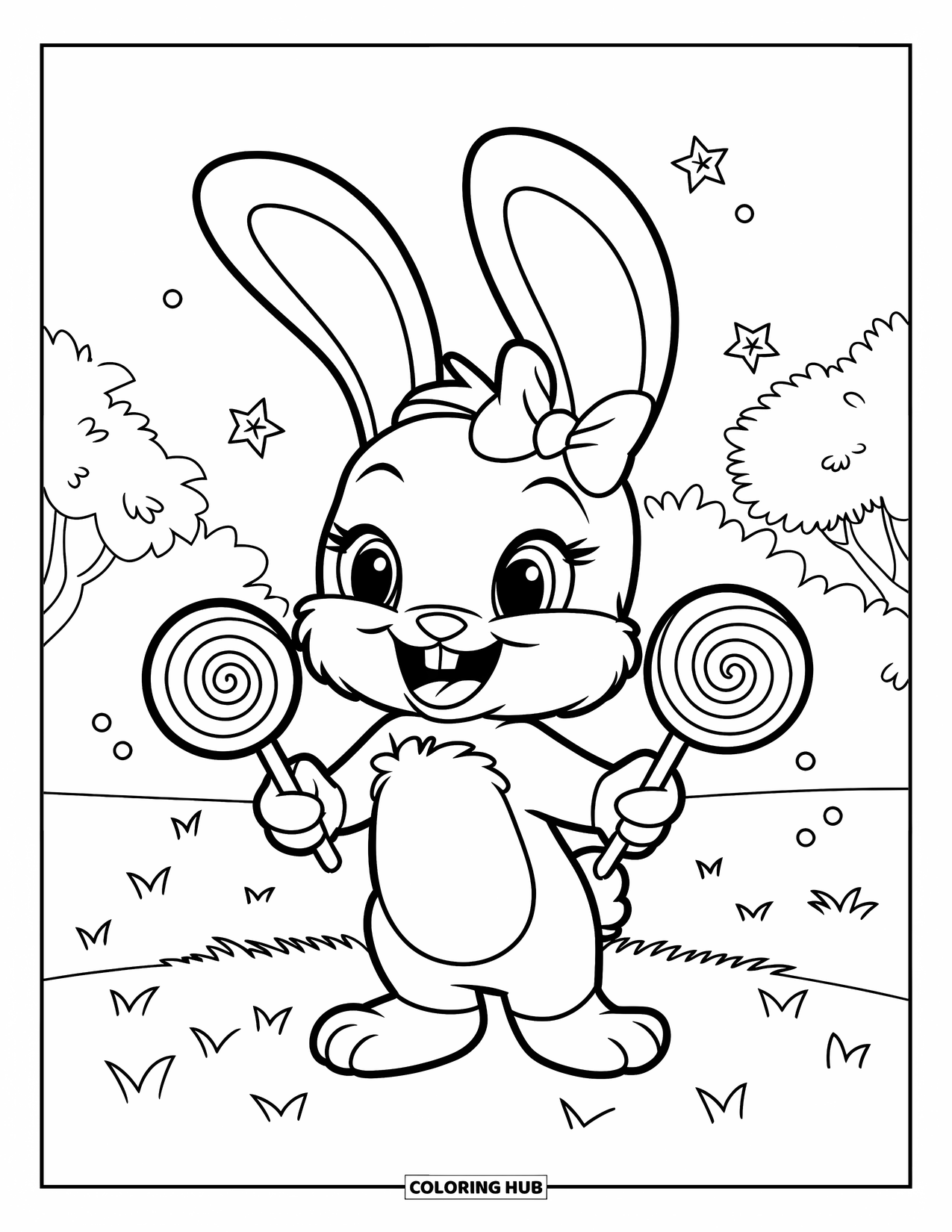 Lollipop Coloring Page for Kids: A cheerful bunny holding lollipops, surrounded by candy stars, with trees in the background