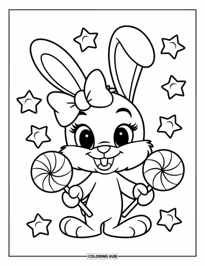 Desenho de pirulito para colorir para crianças: Um coelhinho animado usando laço e segurando dois pirulitos, rodeado de estrelas de doce