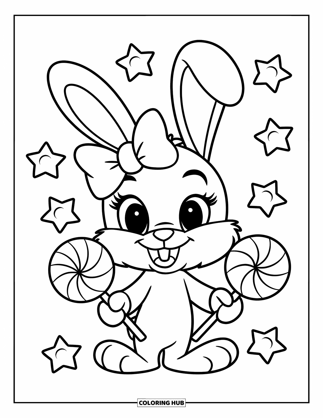 Lollipop Coloring Page for Kids: A cheerful bunny wearing a bow and holding two lollipops, surrounded by candy stars