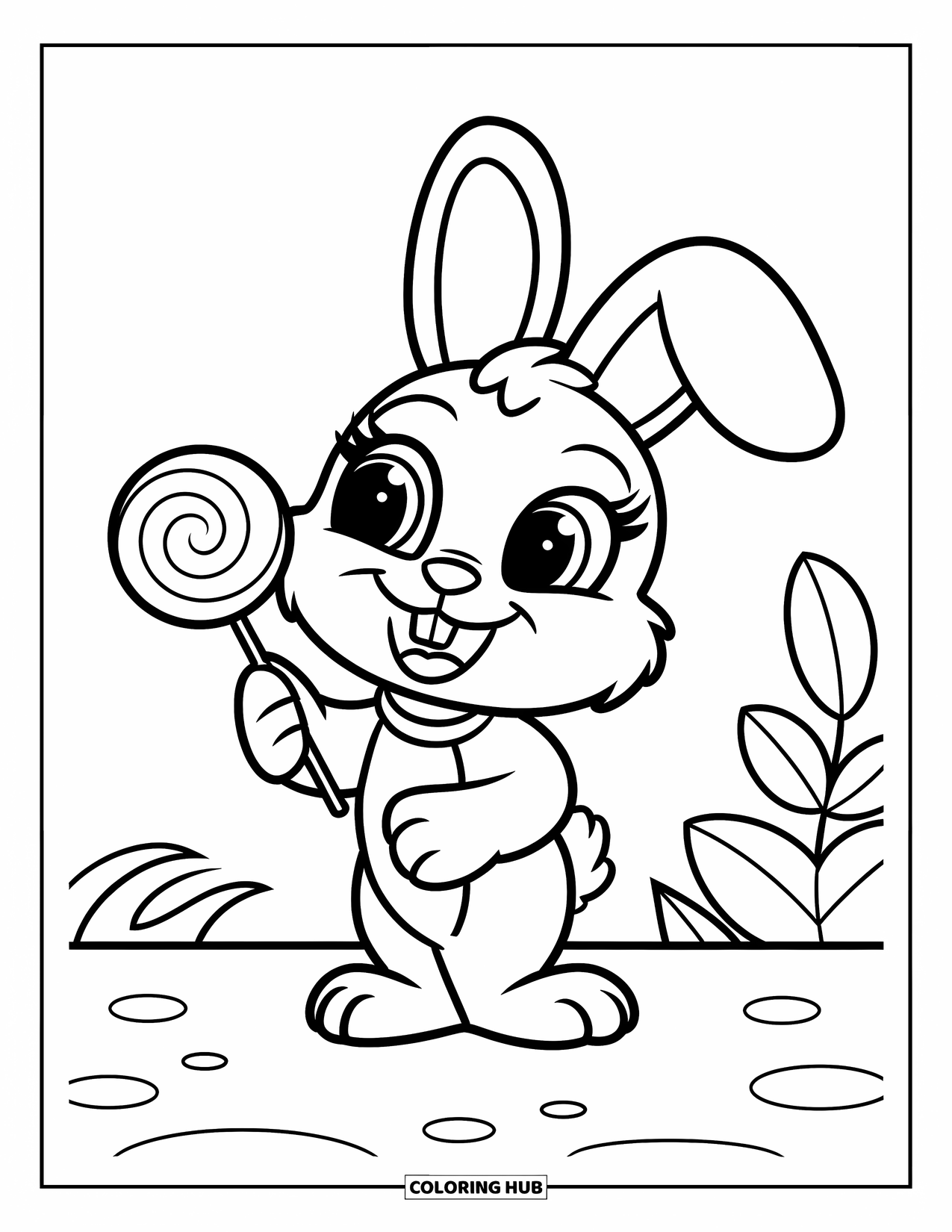 Lollipop Coloring Page for Kids: A cheerful bunny with a round collar, holding a lollipop, surrounded by a few leaves