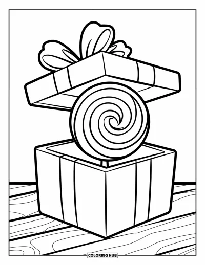 Desenho de Pirulito para Colorir para Crianças: Uma caixa de presente alegre com um grande pirulito dentro, coberta com um laço sorridente