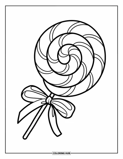 Desenho de pirulito para colorir para crianças: Um pirulito alegre com design em espiral e um laço decorativo